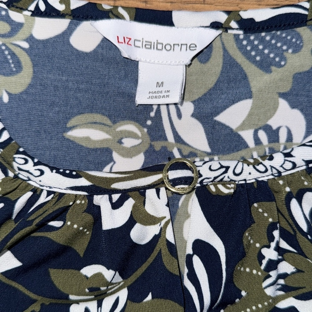 LIZ CLAIBORNE Navy and Olive Floral Blouse Size M